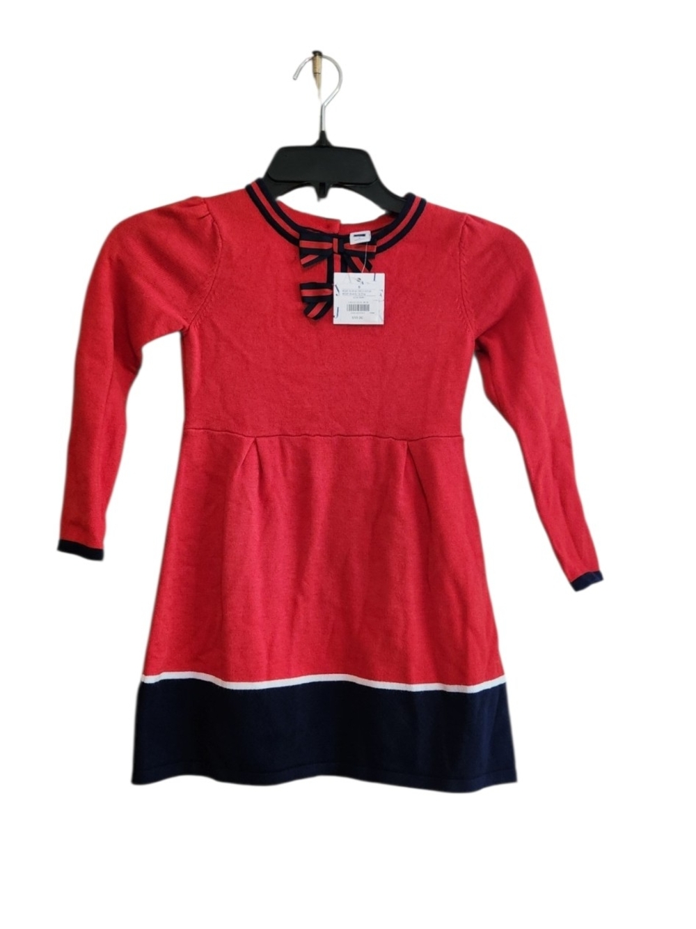 NWT Janie and Jack Red Knit Dress with Navy Trim and Bow Neckline